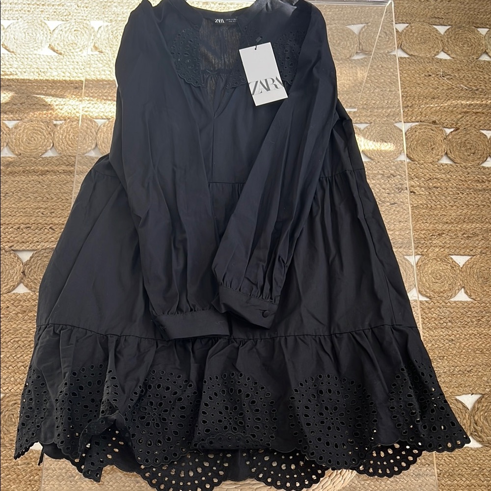 Chic Black Tiered Dress with Eyelet Hem
